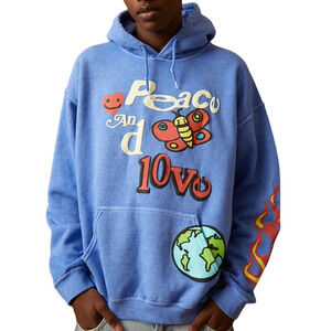 Pacsun Peace and Love Blue Men's Large Drawstring Hoodie y2k